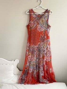 BIYA JOHNNYWAS SLEEVELESS SHEER MESH MAXI DRESS ORANGE PAISLEY FLORAL EMBROIDERY